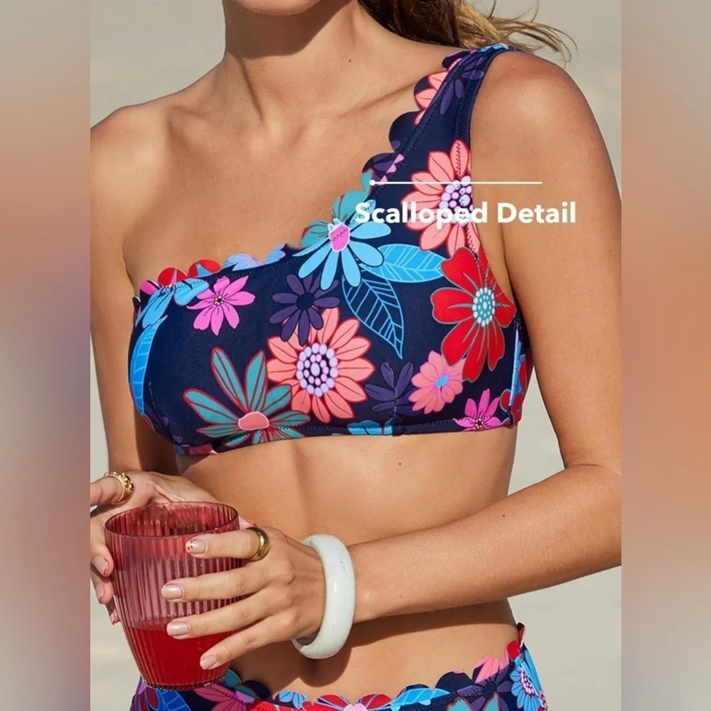 CUPSHE Two Piece Floral Bikini Set One Shoulder Scalloped Wide Strap Back Hook